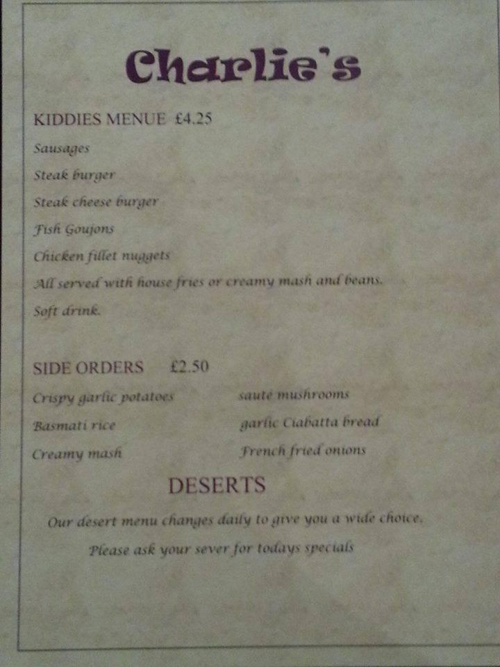 Menu at Charlie's restaurant, Kilkeel