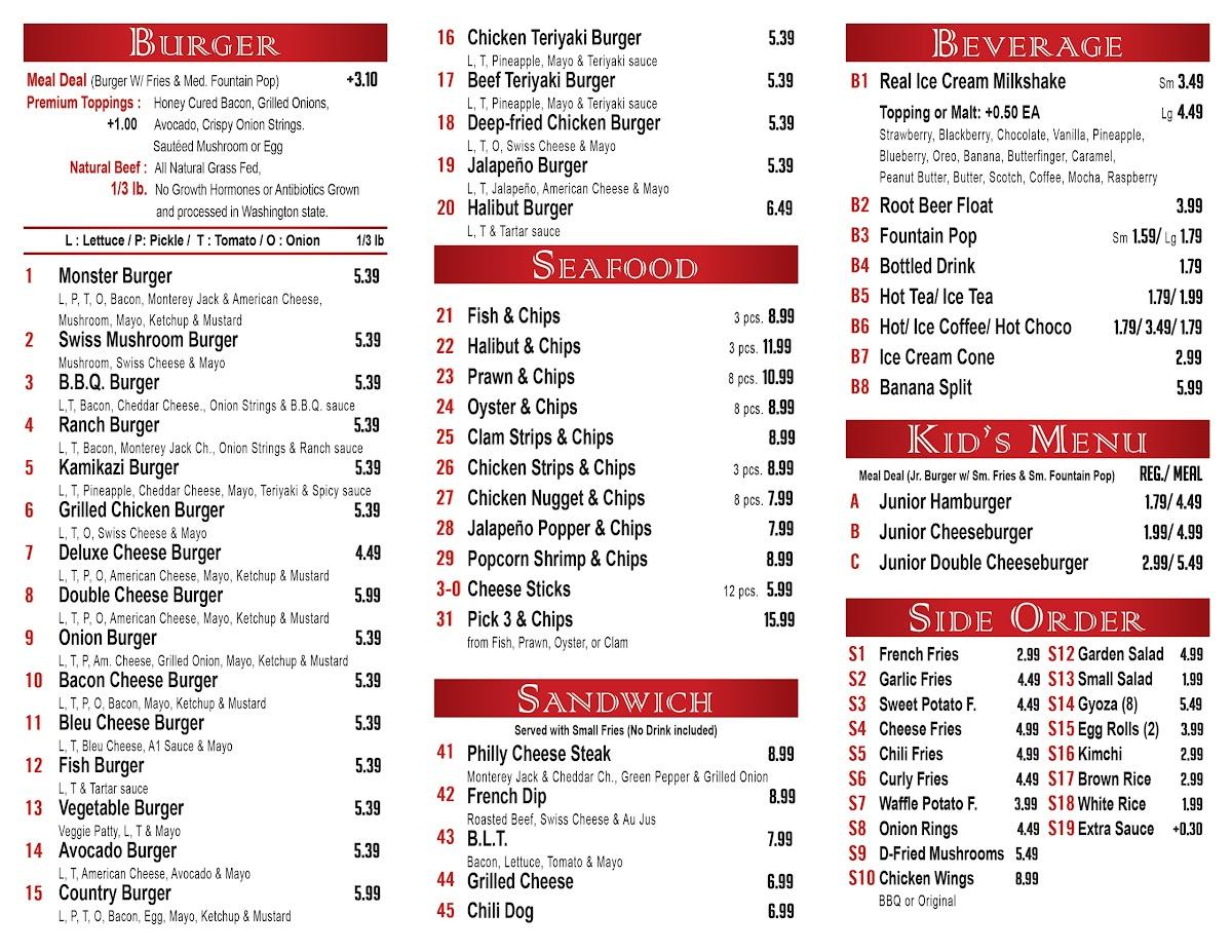 Carta Del Restaurante Monster Burgers, Federal Way