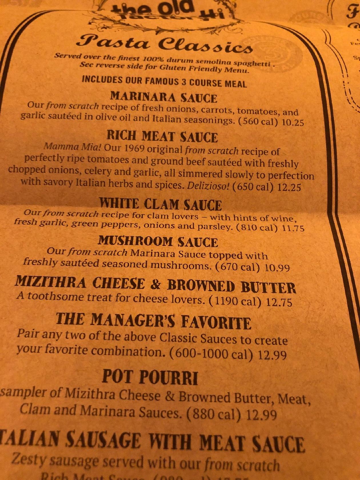 Menu at The Old Spaghetti Factory restaurant, Carmel 