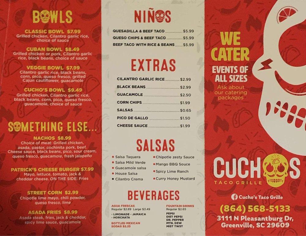 Menu at Cucho's Taco Grille restaurant, Greenville