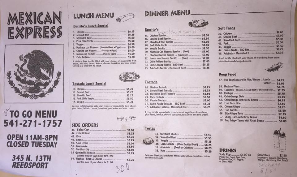 Menu at Mexican Express restaurant, Reedsport
