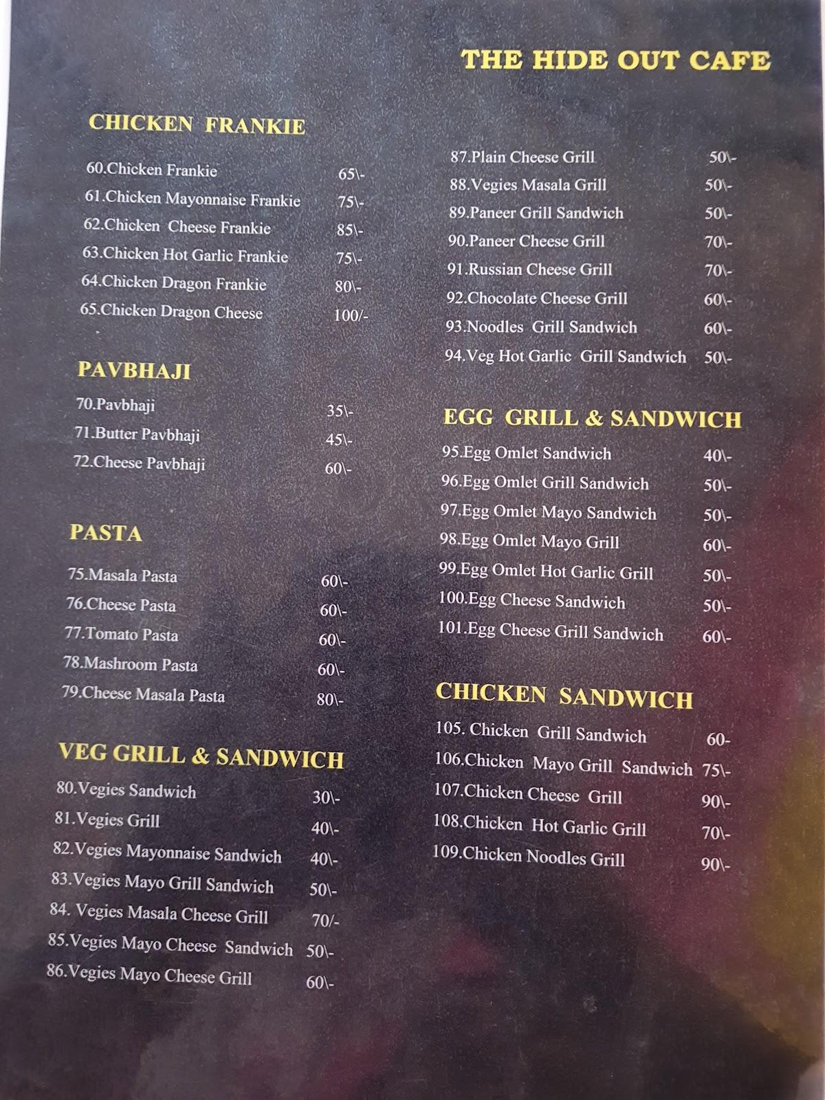 Menu at Hideout, Belgaum