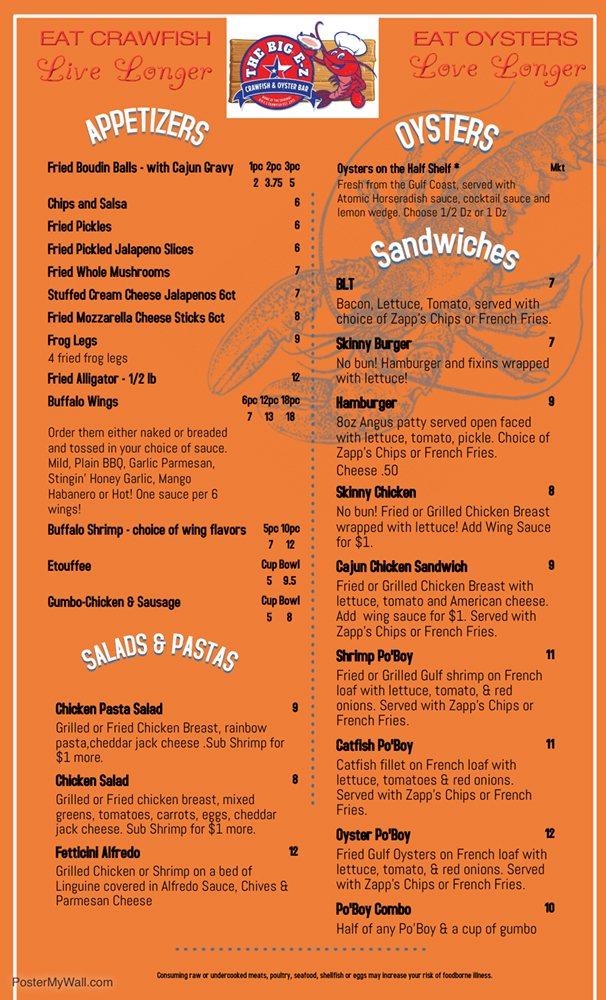 Menu at The Big EZ Crawfish & Oyster Bar, Huntsville