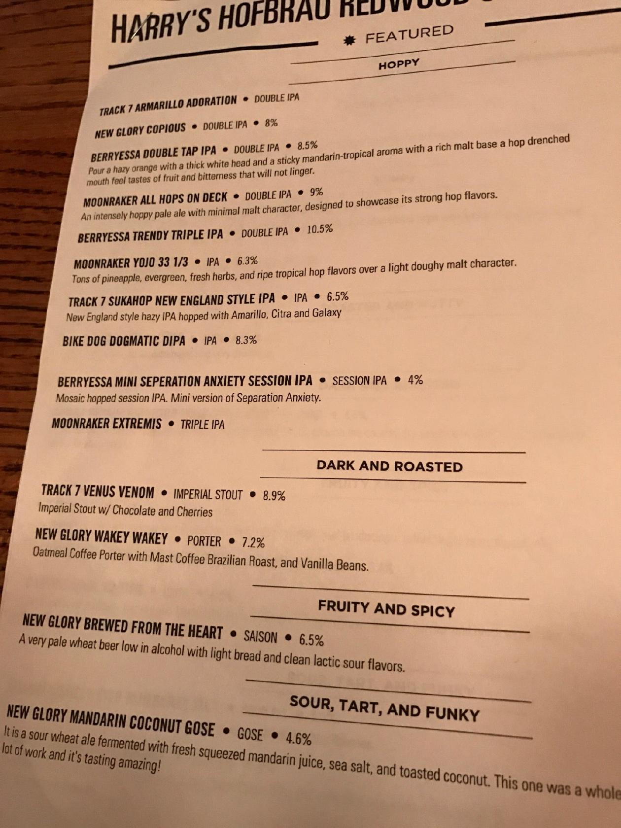 Menu at Harry's Hofbrau restaurant, Redwood City