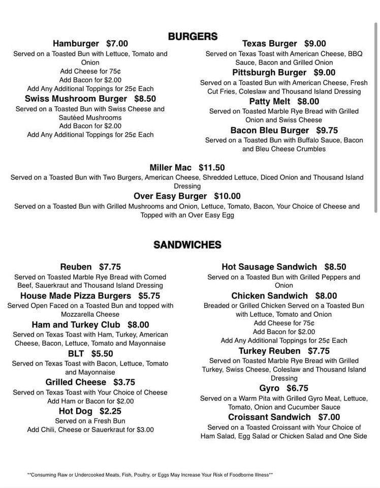 Menu at Millerstown Inn pub & bar, Chicora