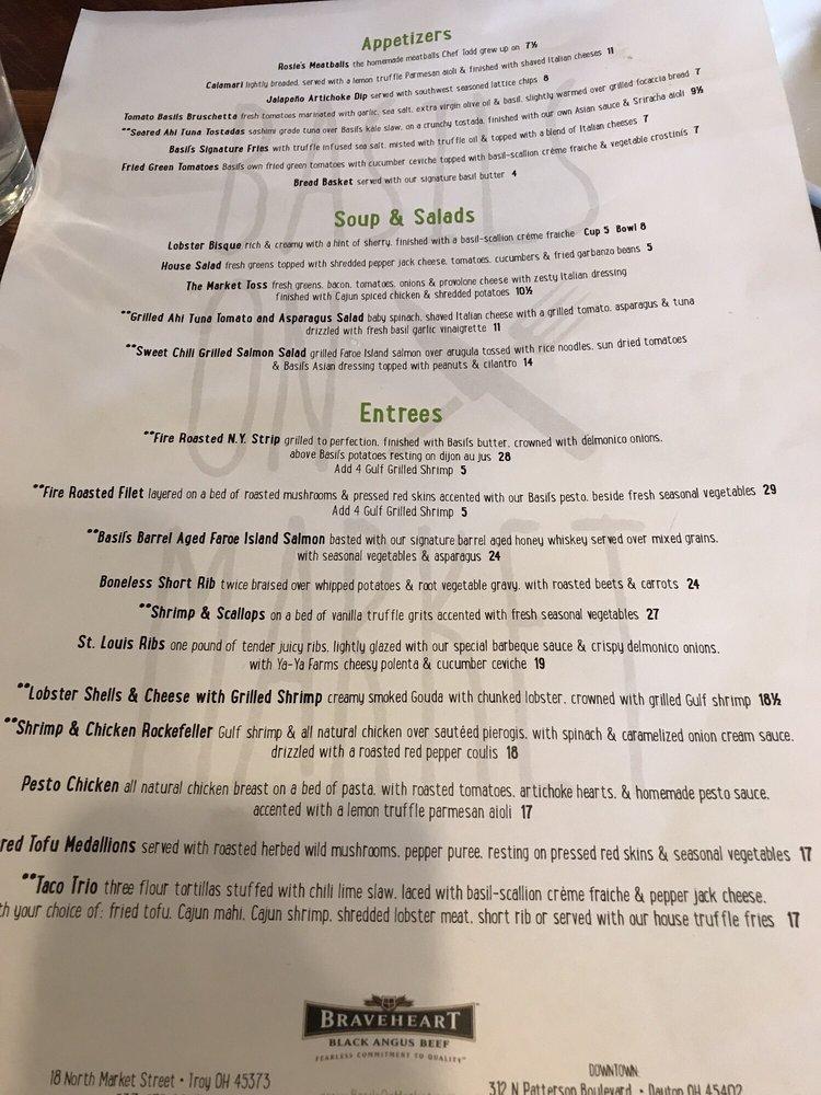 Menu at Basil's On Market restaurant, Dayton