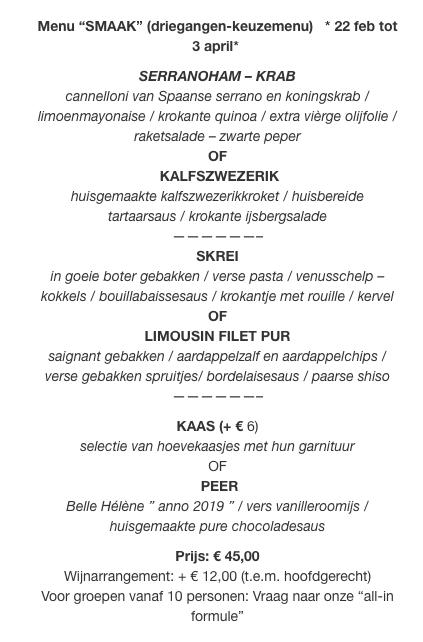 Menu at Restaurant De Houtsnip, Waregem