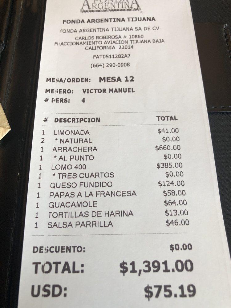 Menu at FONDA ARGENTINA TIJUANA restaurant, Tijuana, Blvd. Agua Caliente  10854