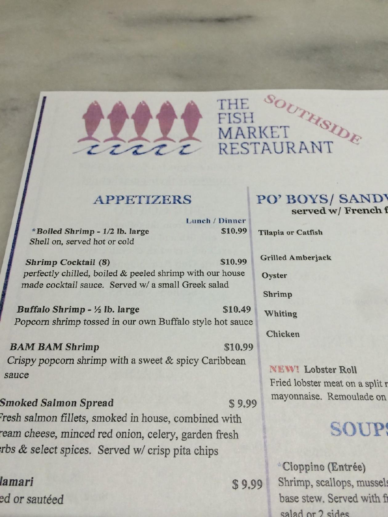 Menu at The Fish Market restaurant, Birmingham