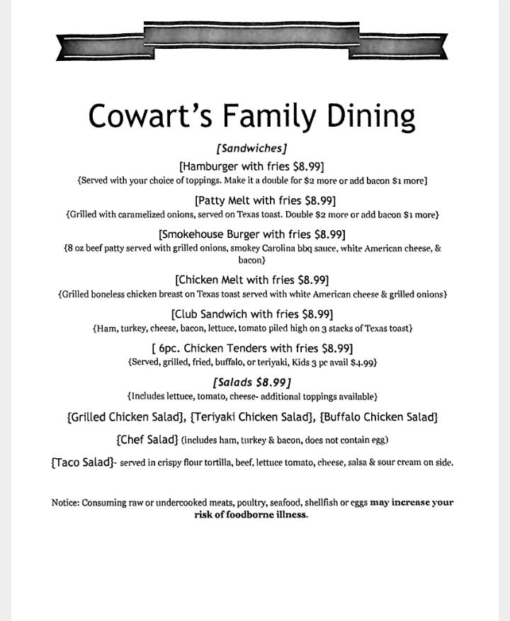 Menu at Cowart's Family Dining restaurant, Claxton