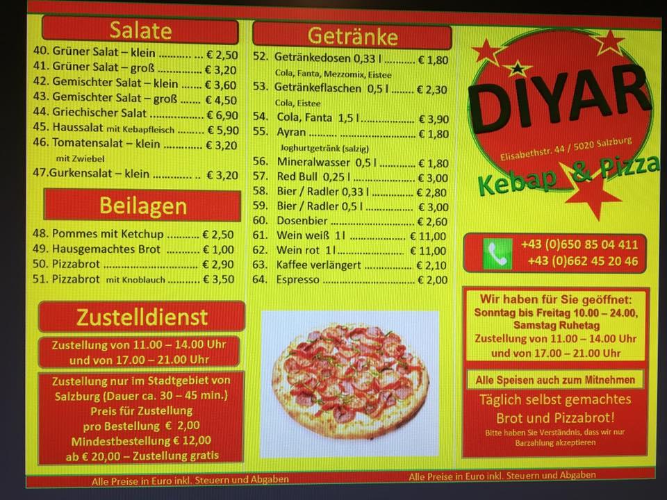 Speisekarte Von Diyar Pizza Kebap Salzburg