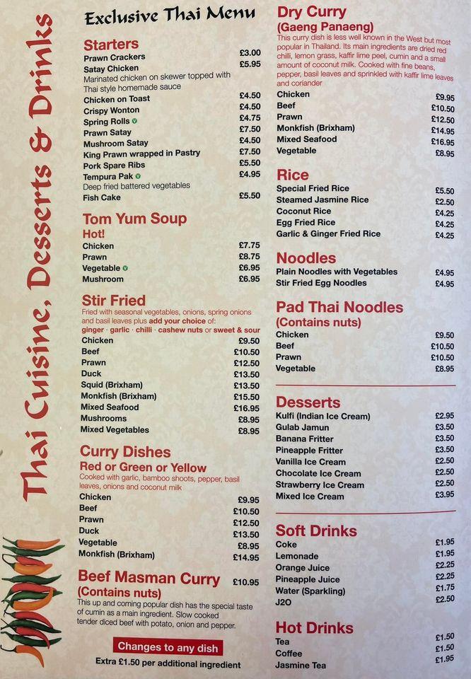 Menu at IndianThai restaurant, Brixham