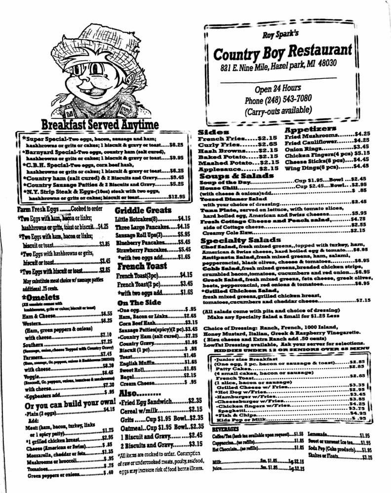 Menu at Country Boy Restaurant, Hazel Park