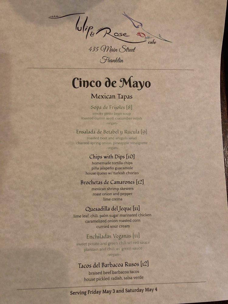 Menu at The Tulip and the Rose Cafe, Franklin