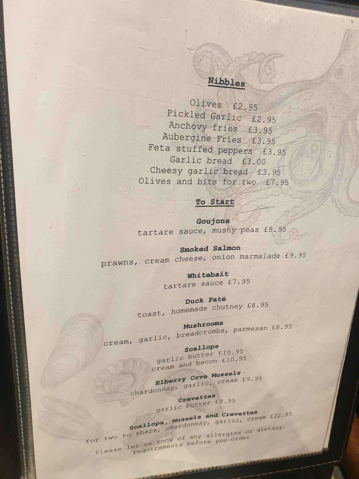 Menu at Beamers restaurant, Brixham