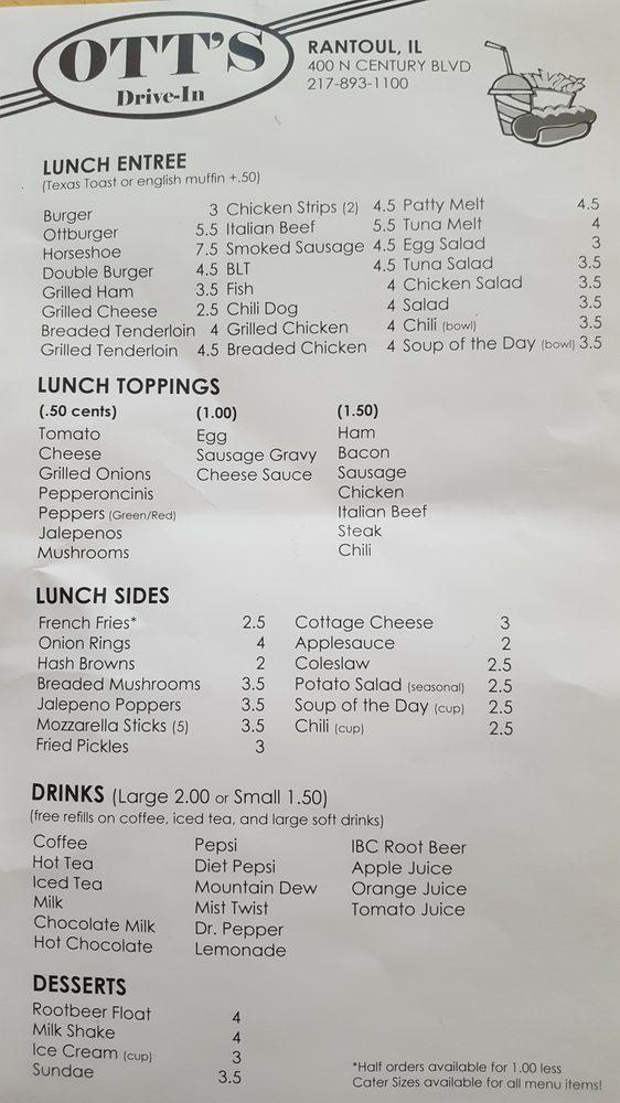 Menu at Ott's Drive In restaurant, Rantoul