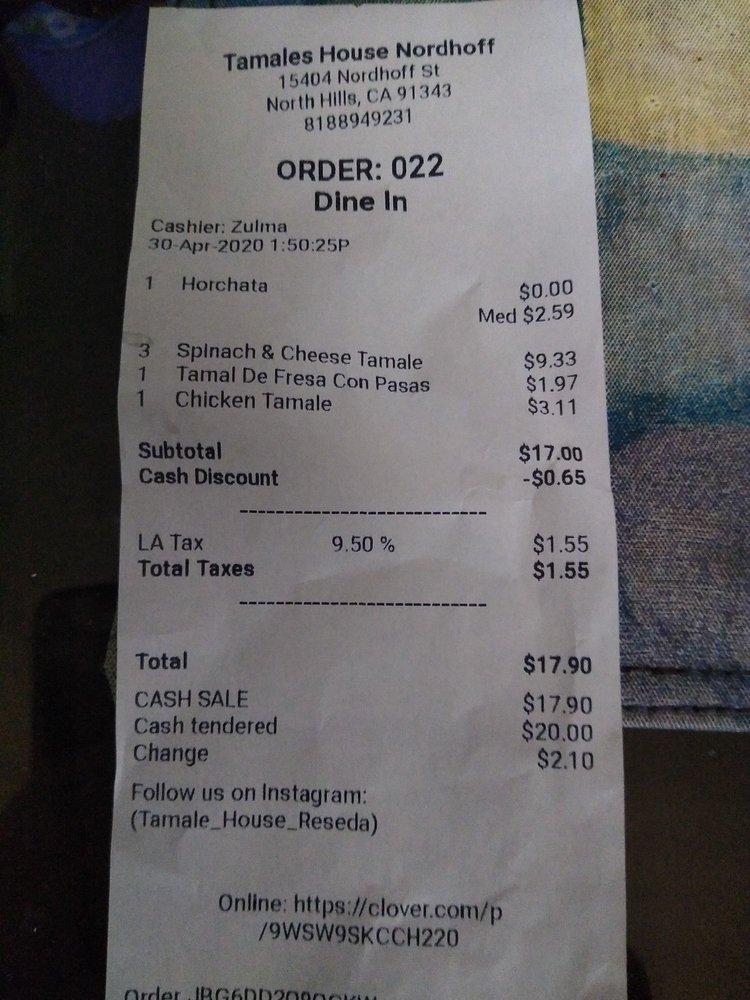 Menu at California Tamales House restaurant, Los Angeles, Nordhoff St
