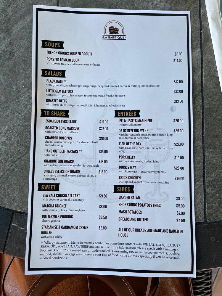 Menu at LA BARRIQUE, San Jose
