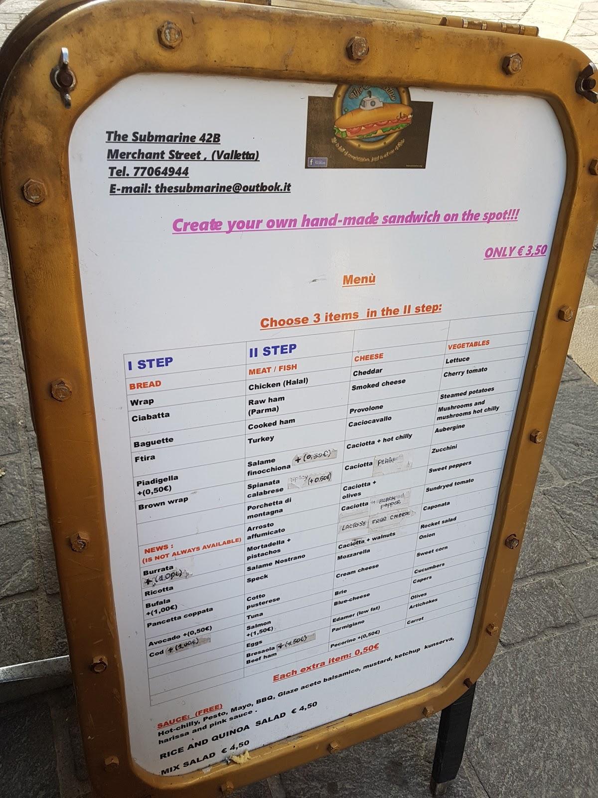 Menu at The Submarine fast food, Valletta