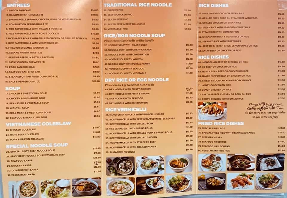 Menu at Saigon Noodle House restaurant, Ballarat Central