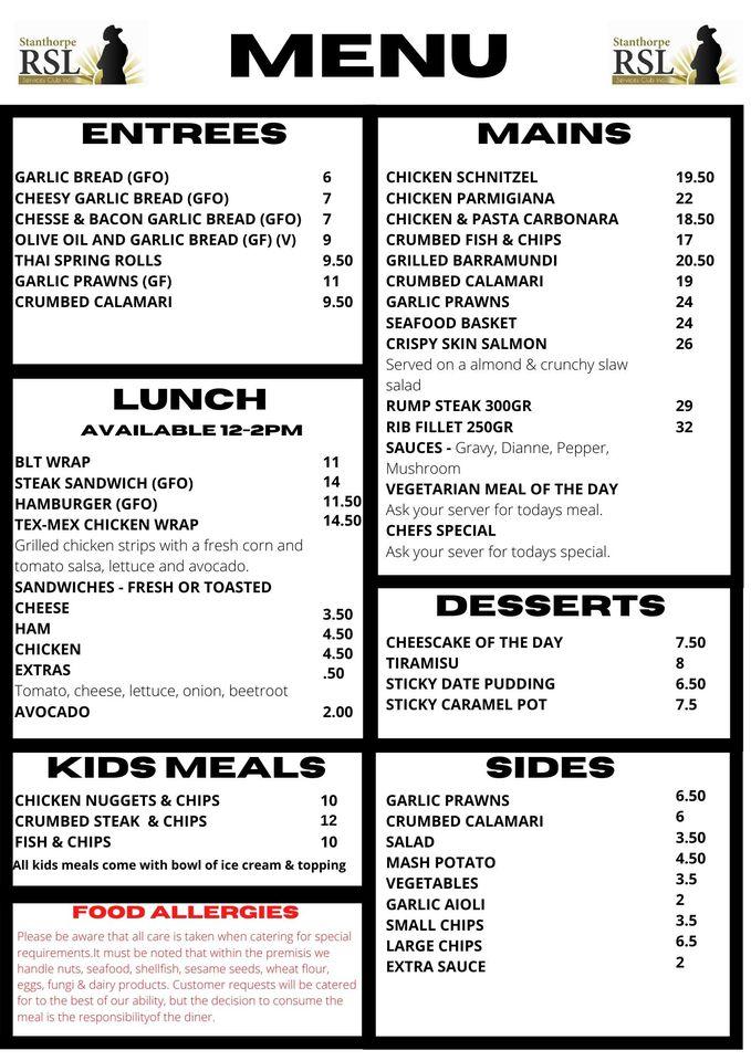 Menu at Stanthorpe RSL Services Club, Stanthorpe