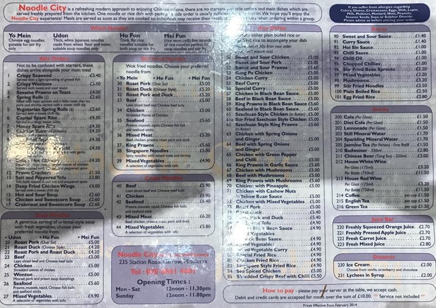 Menu at Noodle City restaurant, Harrow, 235 Station Rd