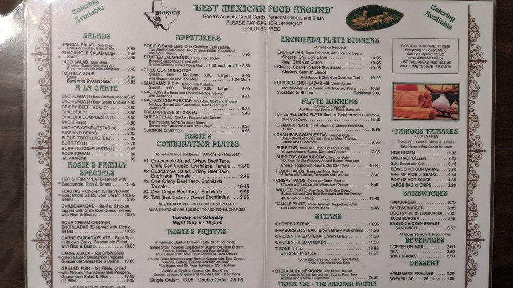Menu at Rosie's Tamale House restaurant, Bee Cave, State Hwy 71