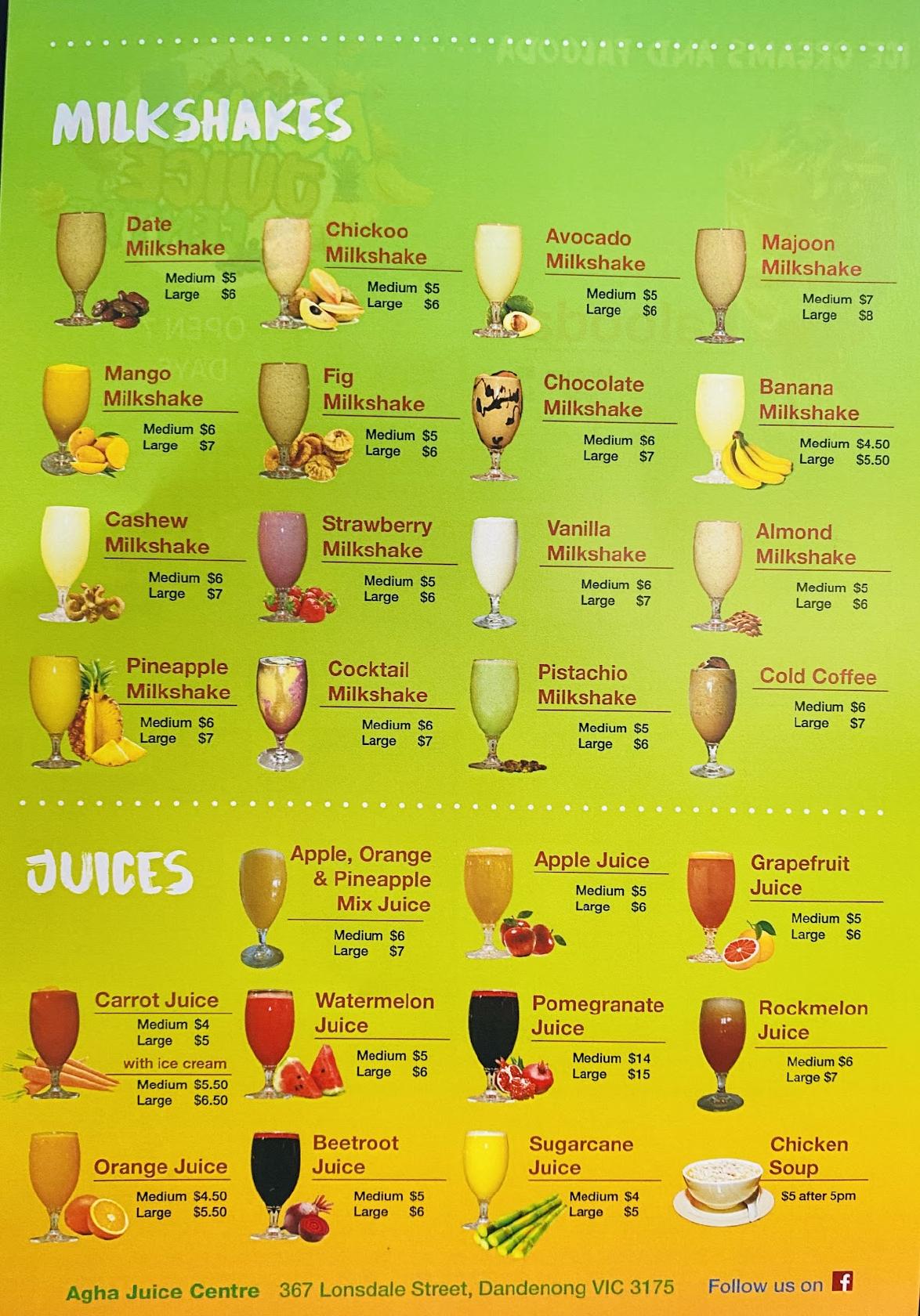 Menu at Agha Juice Centre pub & bar, Dandenong