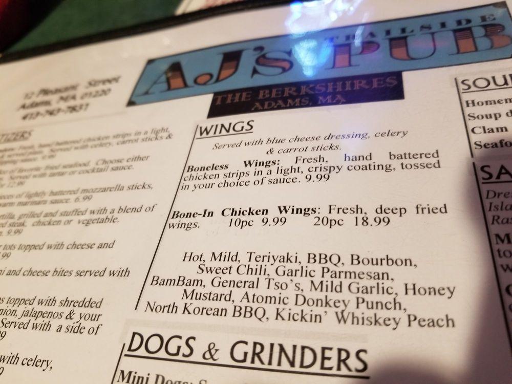 Menu at AJ's Trailside Pub, Adams