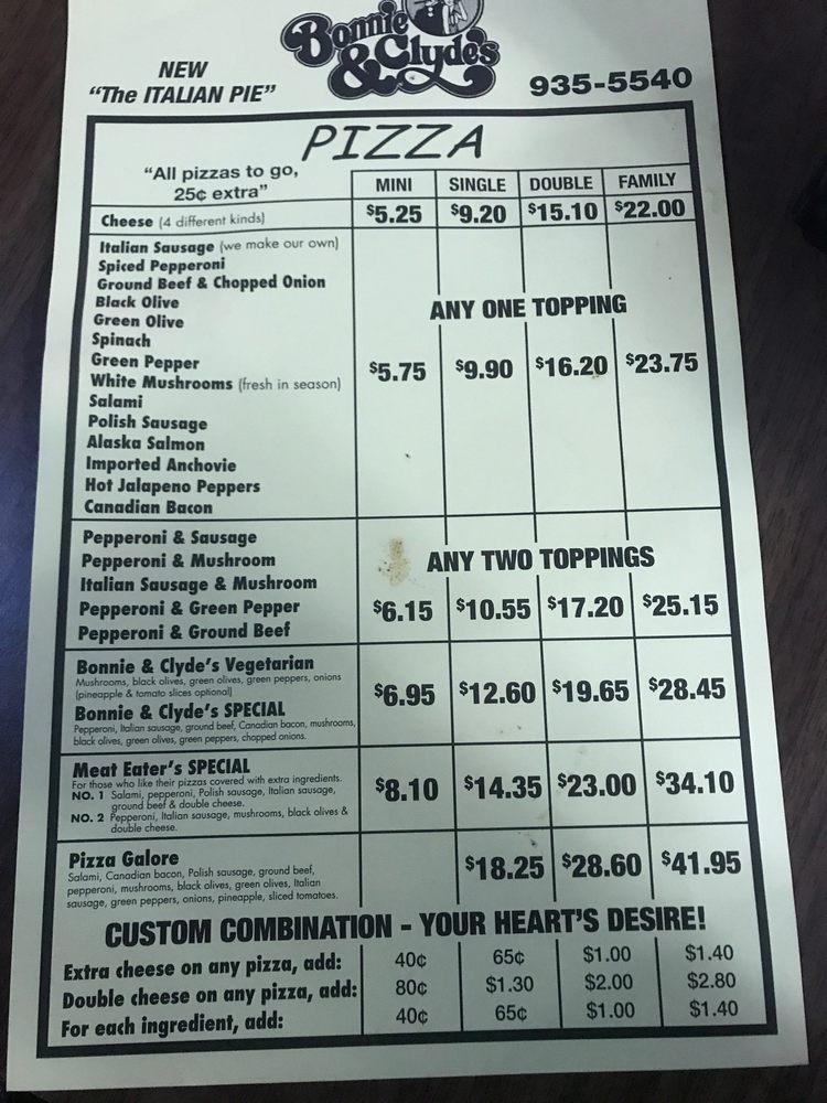 Menu at Bonnie & Clyde's Pizza Parlor pizzeria, Louisville
