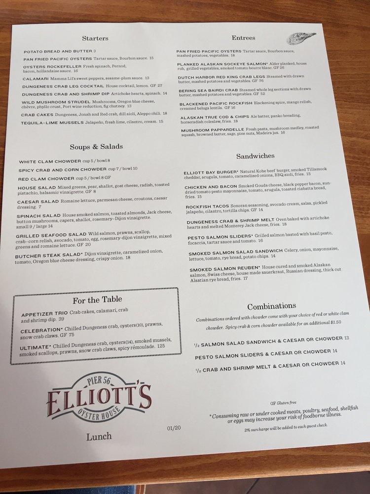 Menu at Elliott's Oyster House restaurant, Seattle