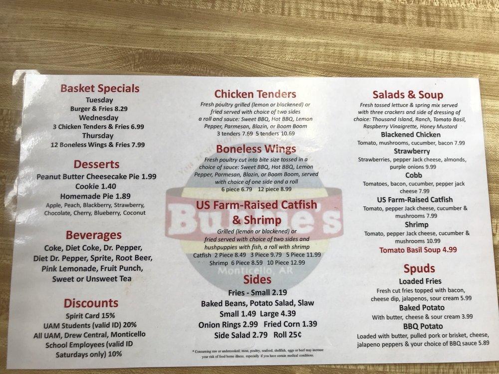 Menu at Bubbie's restaurant, Monticello