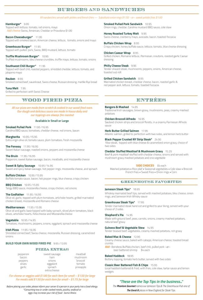 Menu at Greenhouse Wood Fired Grill pub & bar, Mendon