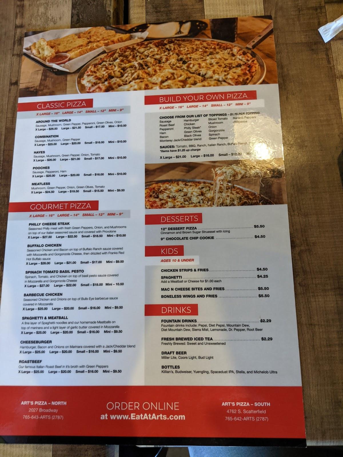 Menu at Art's Pizza pizzeria, Anderson, S Scatterfield Rd