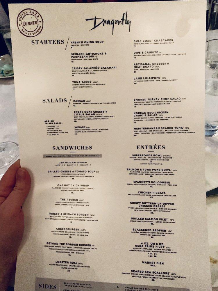 Menu at Dragonfly restaurant, Dallas