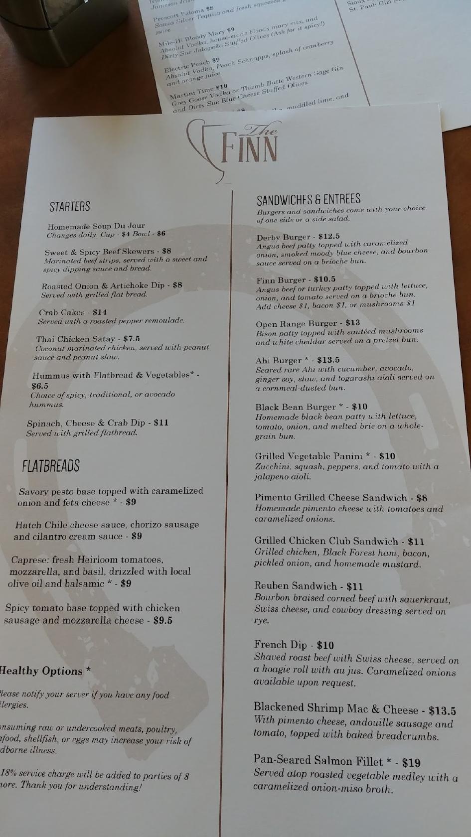 Menu at The FINN Restaurant, Prescott, Touchmark Blvd