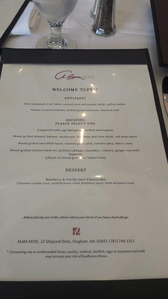 Menu at Alma Nove restaurant, Hingham