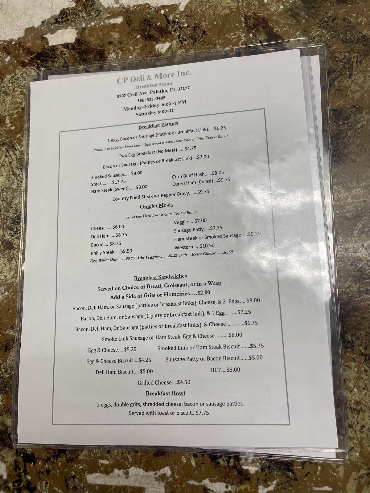 Menu at C P Deli restaurant, Palatka