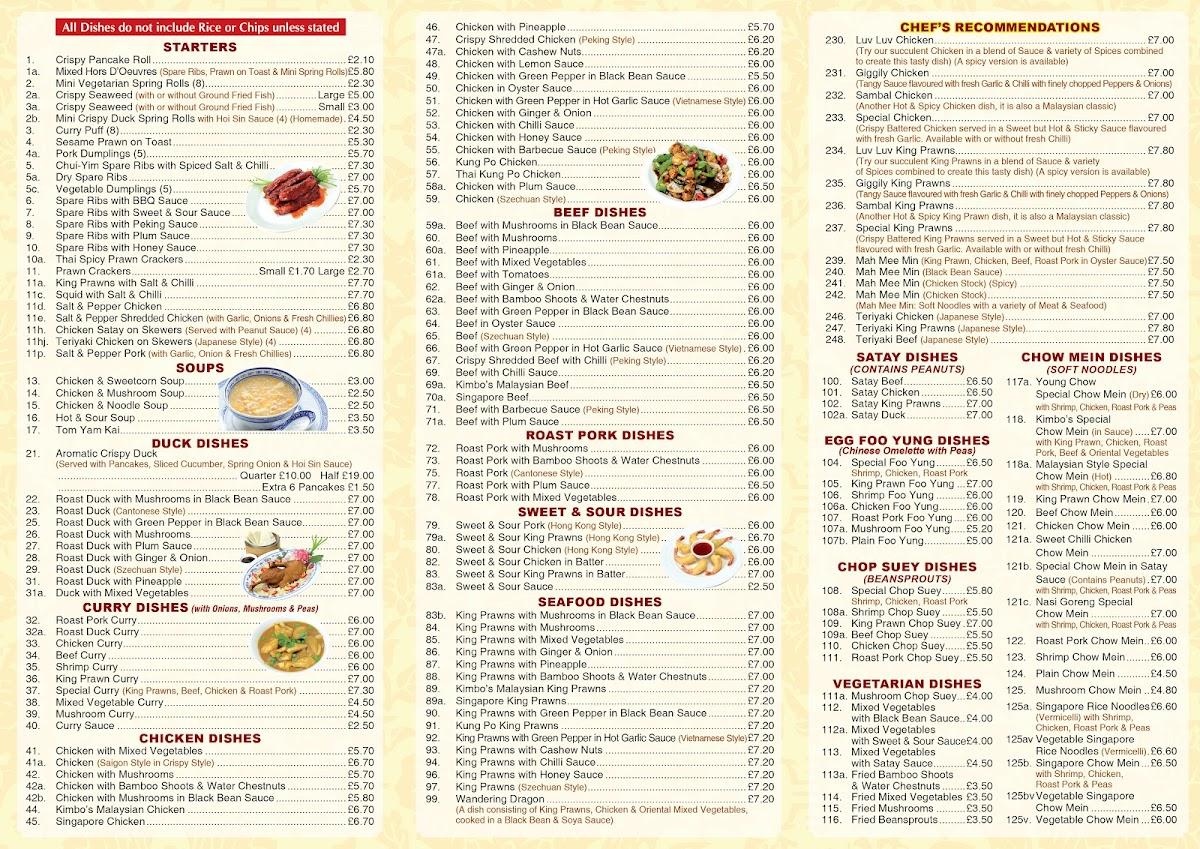 Menu at Kimbo's Chinese Takeaway fast food, Sandown