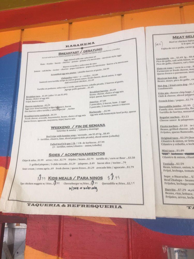 Menu at Kasarena Taqueria Refresqueria restaurant, Houston