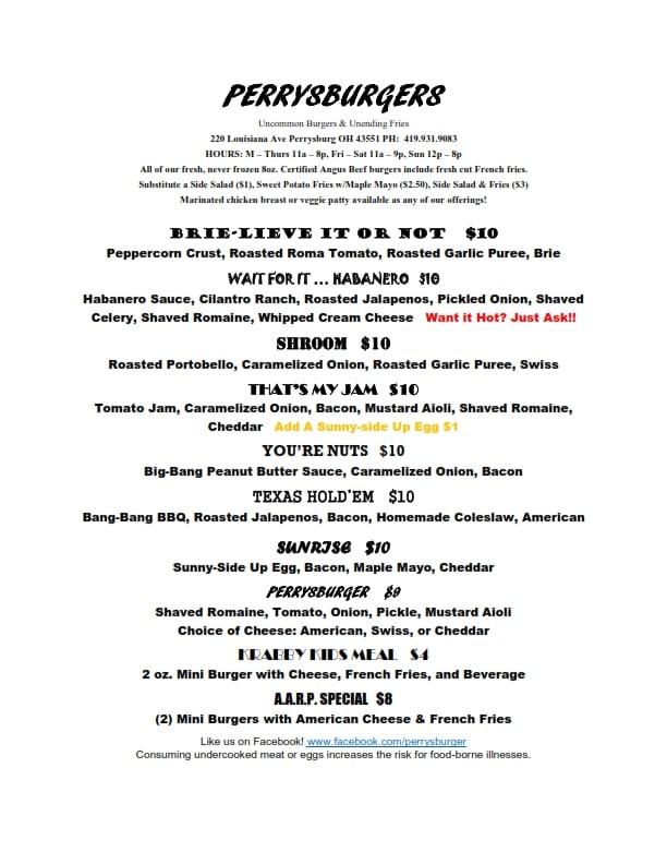 Menu at PerrysBurgers restaurant, Perrysburg