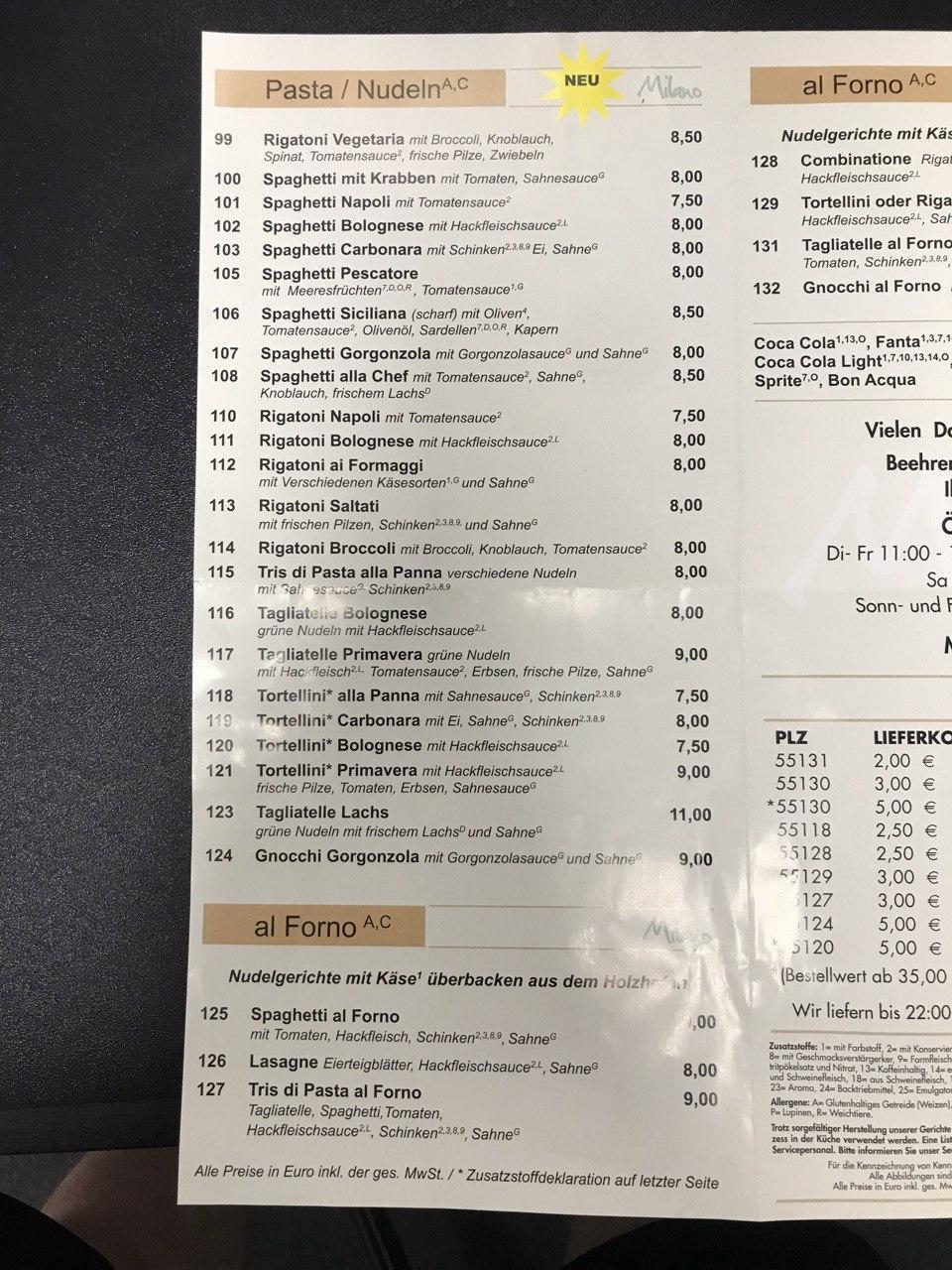 Speisekarte von Pizzeria Milano Holzofen Pizza Restaurant und