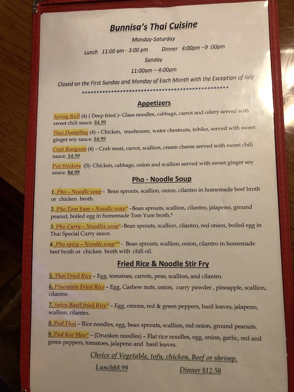 Menu at Bunnisa's Thai Cuisine restaurant, Cedar City