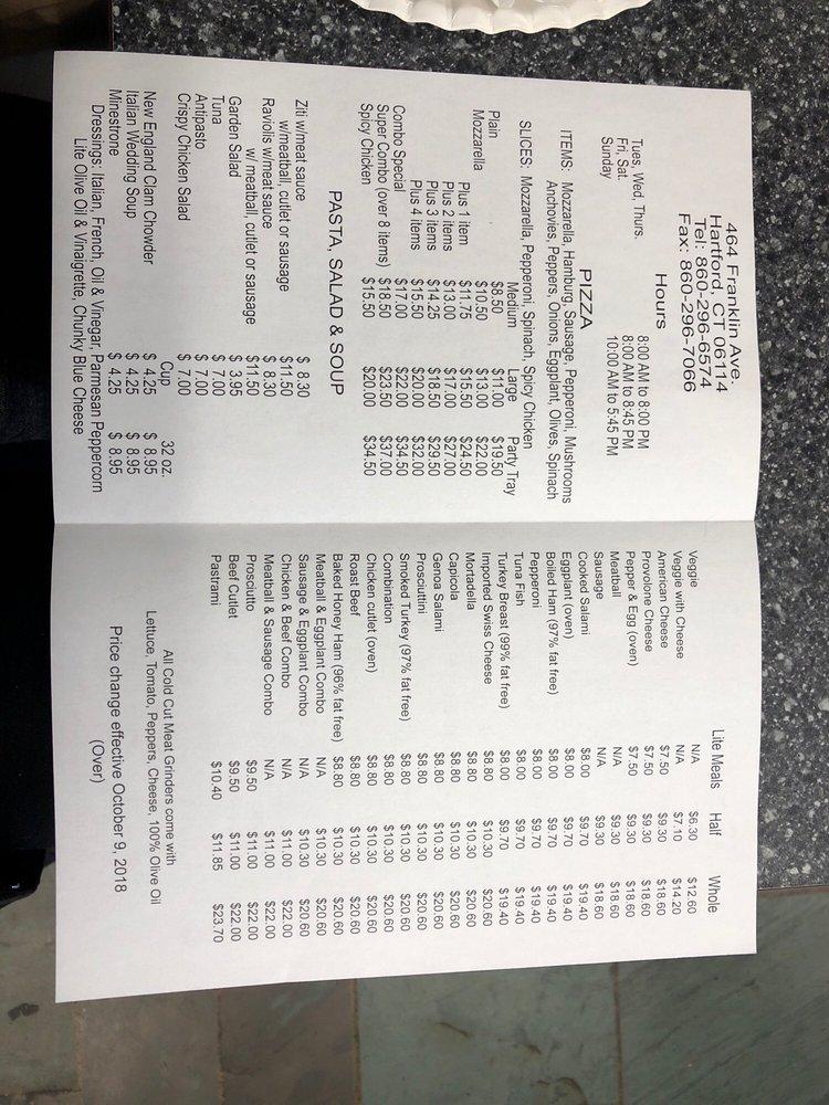 Menu at Franklin Giant Grinder Shop pizzeria, Hartford