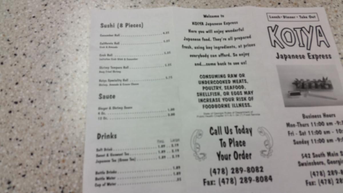 Menu at Koiya Japanese Express restaurant, Swainsboro, 528 S Main St