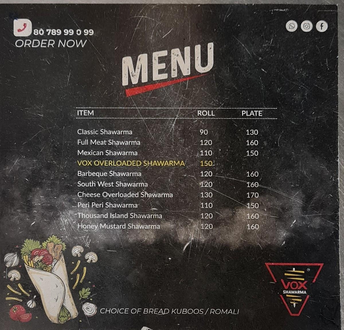 Menu at Vox Shawarma Palakkad, Palakkad