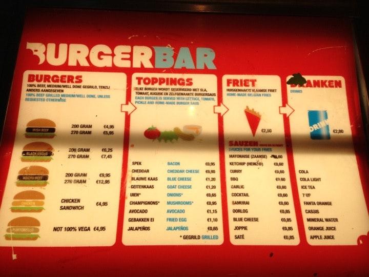 Menu at Burger Bar, Amsterdam, Reguliersbreestraat 9