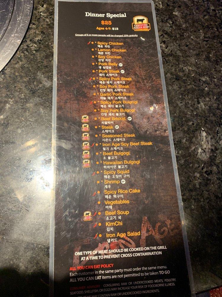 Menu at Iron Age Korean Steakhouse Sandy Springs, Sandy Springs