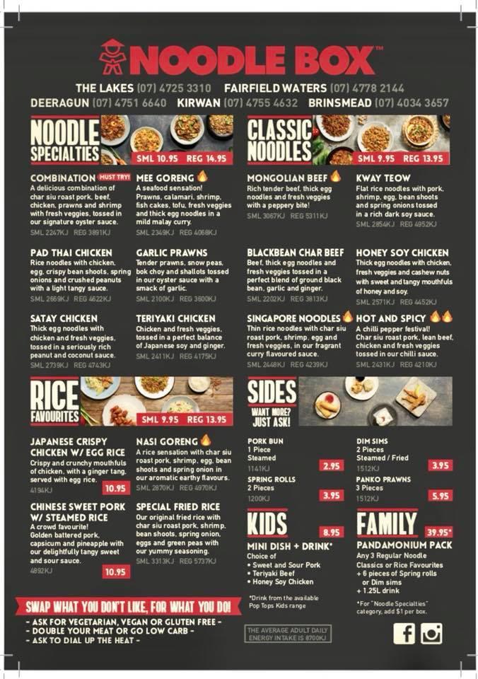 Menu at Noodle Box Garbutt restaurant, Townsville