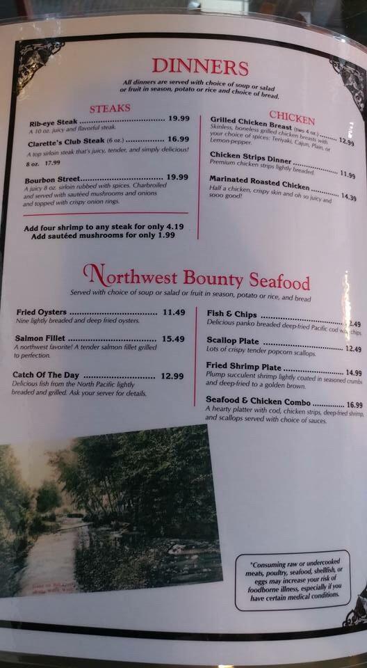 Menu at Clarette's Restaurant, Walla Walla, 15 S Touchet St